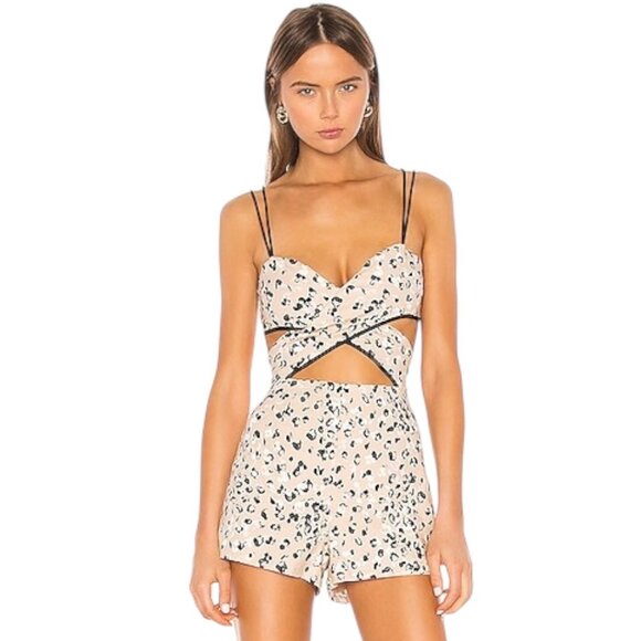 Camila Coelho Pants - Camila Coelho Elisa Linen Leopard Print Cutout Romper Pink‎ XL Coastal Beachy